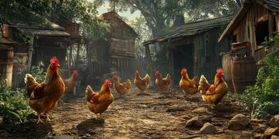 Scenic Farmyard with Chickens Roaming Freely in a Rustic Environment Surrounded by Lush Greenery and Wooden Structures in a Serene Countryside Setting photo