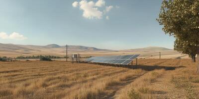Solar Energy Implementation in Rural Landscape Under Clear Blue Sky with Brown Grass Field and Mountains in Background photo