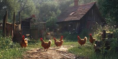 Charming Country Scene with Rustic House and Golden Chickens Roaming on a Dusty Pathway Surrounded by Lush Greenery and Soft Morning Light photo