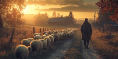 Shepherd Guiding a Flock of Sheep at Sunset on a Country Road Surrounded by Lush Nature and Rustic Farms photo