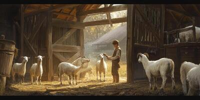 Young shepherd boy interacts with goats inside a rustic barn, sunlight filters through, creating a serene and warm rural atmosphere in nature. photo