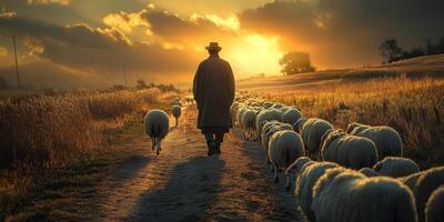 Serene Evening Landscape with a Shepherd Walking Alongside Wooly Sheep Beneath a Golden Sunset Sky in a Peaceful Rural Setting photo