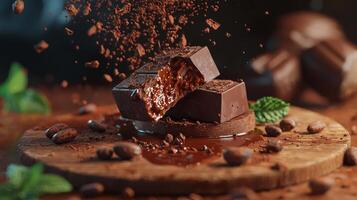 Gourmet Dark Chocolate Bar Broken Cocoa Beans Mint Melted Center High Resolution photo