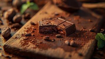 Gourmet Chocolate Bar Broken Cocoa Beans Mint Wooden Board photo