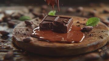 Gourmet Dark Chocolate Bar Melted Cocoa Beans Mint Leaves photo
