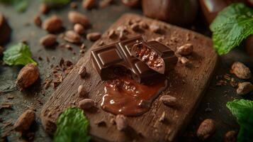 Gourmet Dark Chocolate Bar Broken Melted Center Cocoa Beans Mint Leaves photo