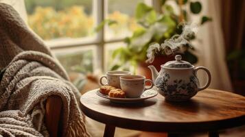 Cozy Autumn Tea Time Window View Teapot Cups Biscuits photo
