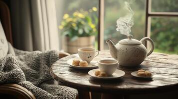 Cozy Autumn Tea Time Window View Teapot Cups Biscuits Blanket photo
