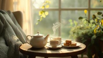 Cozy Tea Time Sunlit Window Teapot Biscuits Cups photo