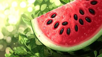 Juicy Watermelon Slice Summer Fruit Fresh Food Red Seeds Green Leaves High Resolution photo