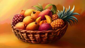 Tropical Fruit Basket Mangoes Pineapples Papayas Coconuts Still Life photo