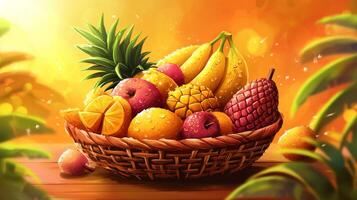 Vibrant Tropical Fruit Basket Pineapple Mango Banana Papaya Coconut Orange Apple photo