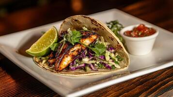 Gourmet Grilled Fish Taco with Cabbage Slaw Cilantro Avocado and Lime photo