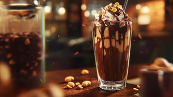 Creamy Chocolate Peanut Butter Smoothie with Whipped Cream and Peanuts photo