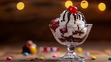 Delicious Ice Cream Sundae with Chocolate Strawberry and Whipped Cream photo