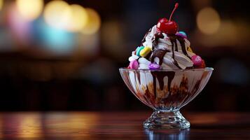 Delicious Ice Cream Sundae Whipped Cream Chocolate Candy photo