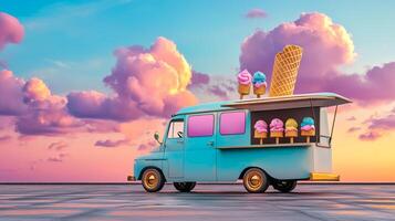 Retro Ice Cream Truck Sunset Summer Treats Popsicles Cones photo