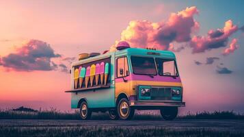 Retro Ice Cream Truck Sunset Summer Treats Vintage Van Popsicles photo