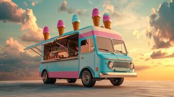 Retro Ice Cream Truck Sunset Summer Treats Vintage Van Popsicles Cones photo
