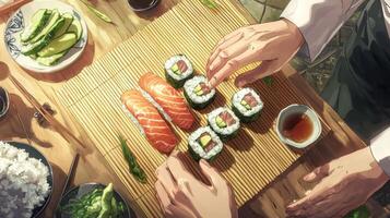 Sushi Chef Hands Making Rolls Japanese Cuisine Food Preparation Asian Food High Resolution photo