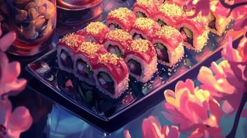 Delicious Spicy Tuna Sushi Rolls Avocado Tempura Sesame Seeds Radish Garnish Wasabi Pickled Ginger photo