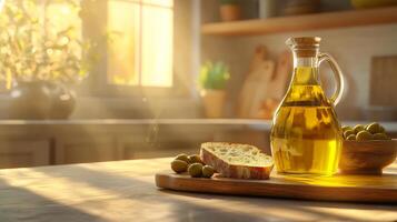 Sunlit Kitchen Olive Oil Bread Olives Rustic Still Life photo