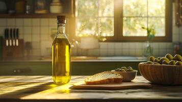 Sunlit Kitchen Olive Oil Bread Olives Rustic Still Life photo