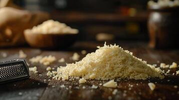 Fresh Grated Parmesan Cheese on Rustic Wood Close up photo