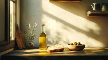 Sunlit Kitchen Still Life Olive Oil Bread Olives photo