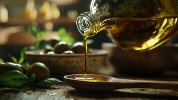 Olive Oil Pouring Wooden Spoon Olives Basil High Resolution Food Photo
