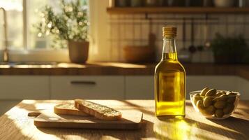 Sunlit Kitchen Olive Oil Bread Olives Rustic Still Life photo