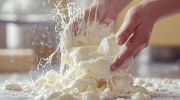 Stretching Mozzarella Cheese Creamy Gooey Texture Closeup photo