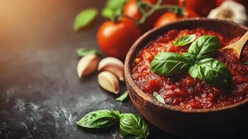 Delicious Homemade Marinara Sauce with Basil Tomatoes Garlic photo