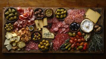Rustic Italian Antipasto Platter Overhead View of Gourmet Cheese Meat Olives photo