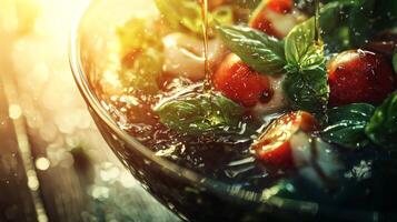 Delicious Caprese Salad Fresh Mozzarella Tomatoes Basil Olive Oil photo