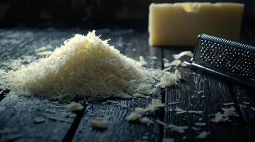 Grated Parmesan Cheese Dark Wood Grater Food Photography photo