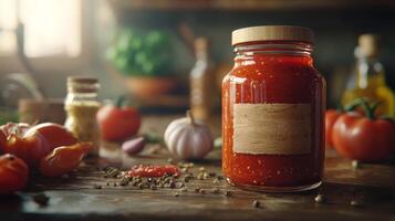 Homemade Marinara Sauce Jar Rustic Kitchen Still Life Food Photography photo