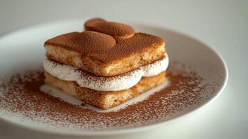 Delicious Tiramisu Dessert Creamy Layers Cocoa Powder Close Up photo