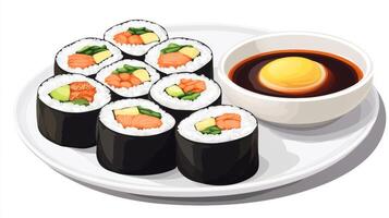 Delicious Gimbap Sushi Rolls with Soy Sauce and Kimchi photo