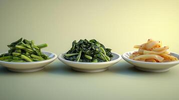 Delicious Korean Banchan Side Dishes Kimchi Pickled Vegetables Sprouts Spinach photo