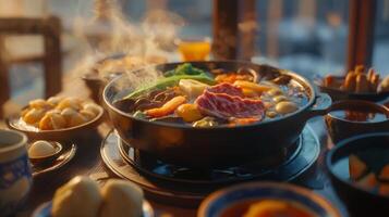 Delicious Chinese Hot Pot Dinner Steaming Broth Beef Vegetables photo