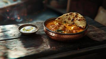 Delicious Indian Butter Chicken Curry with Naan Bread and Yogurt photo