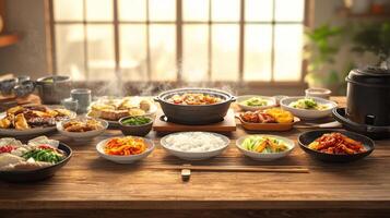 Delicious Korean Feast Authentic Dishes Table Setting Food Photography photo