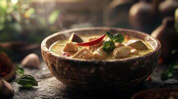 Delicious Thai Green Chicken Curry in Rustic Bowl Closeup photo