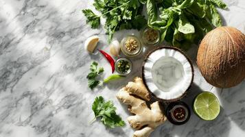 Fresh Thai Cooking Ingredients Coconut Ginger Garlic Chili Herbs Spices photo