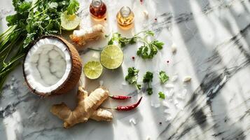 Thai Cooking Ingredients Coconut Ginger Lime Chili Herbs Flatlay photo