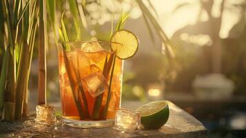 Refreshing Iced Lemongrass Pandan Tea Drink Lime Garnish Summer Beverage photo