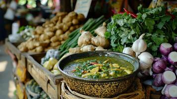Authentic Thai Green Curry Market Stall Fresh Herbs Spices Ingredients photo