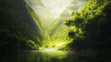 Serene Green Valley River Landscape Lush Nature Tranquil Waters Misty Mountains photo