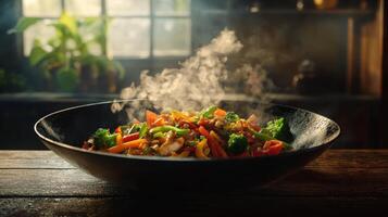 Delicious Chicken Vegetable Stir Fry in Wok Steaming Hot Food photo